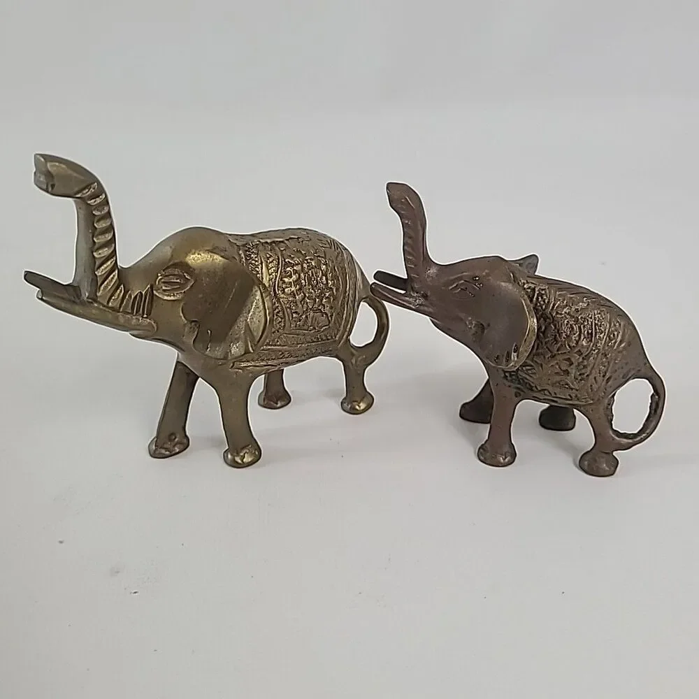 Vintage Solid Brass Elephant Figurines Pair Trunk Up Mid Century Decor